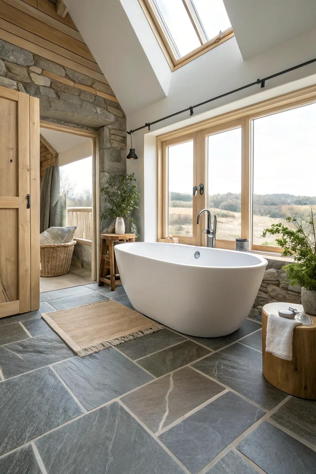 Embrace spa-like serenity with a freestanding tub elegantly set on slate flooring.