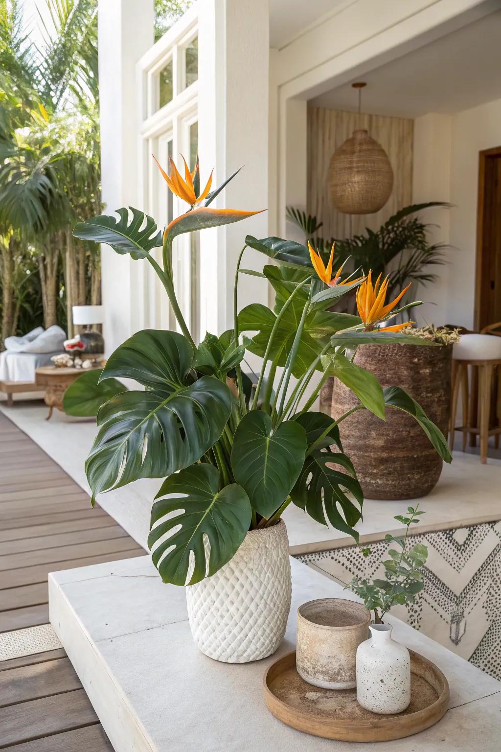Create a tropical escape with Bird of Paradise and monstera leaves in your outdoor space.