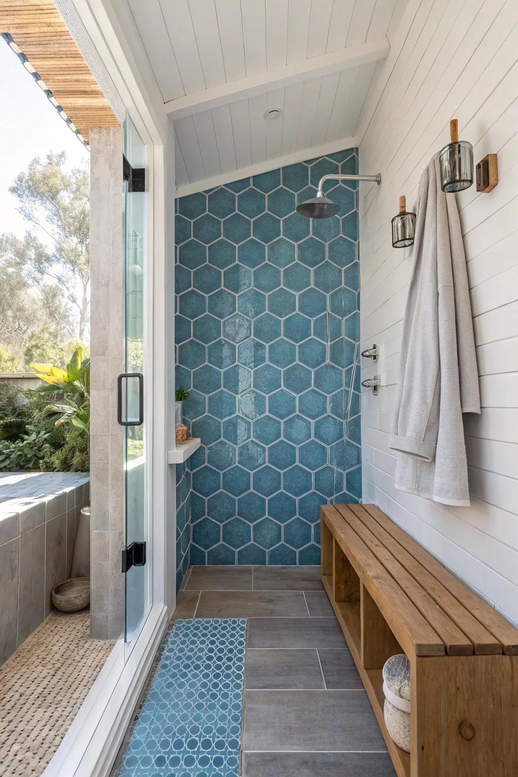 Geometric elegance meets vibrant color with hexagonal blue glass tiles.