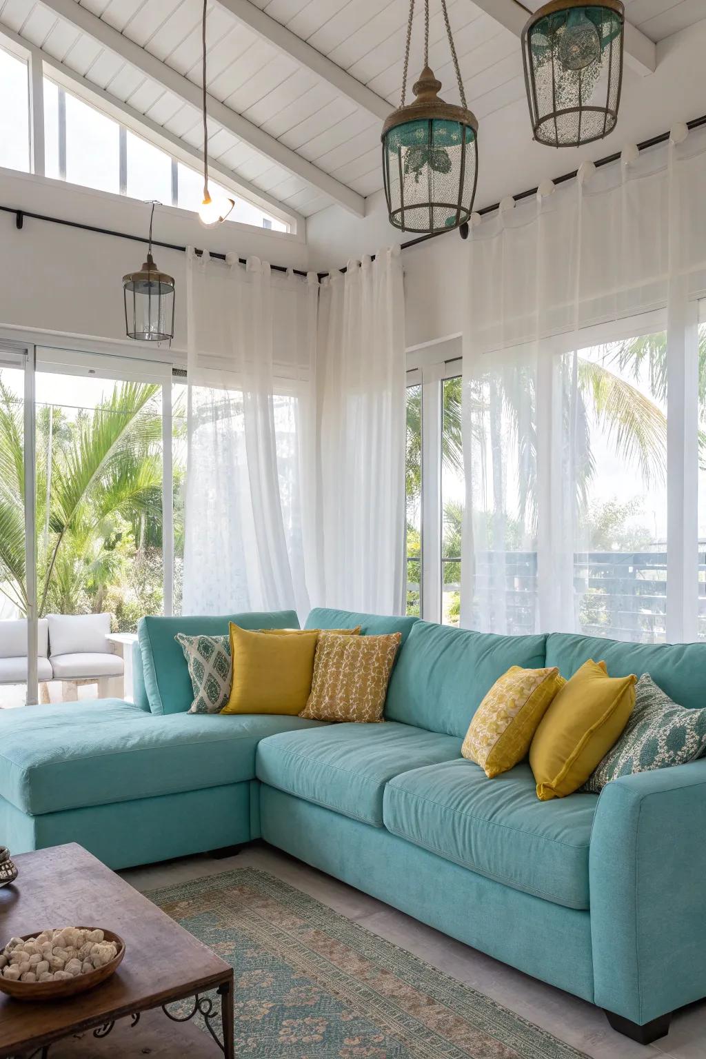 Sky blue sectionals invite light and serenity, creating an airy space that feels open and welcoming.