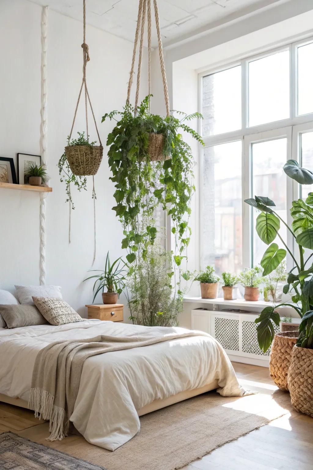 Hanging plants add a vertical garden touch, bringing elegance and freshness to your room.