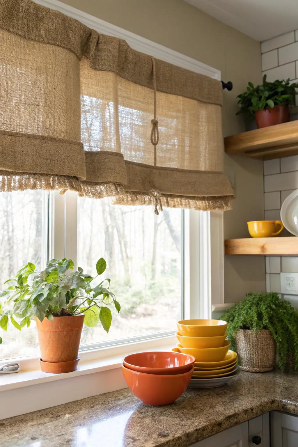 Burlap box valances add rustic charm to any kitchen setting.