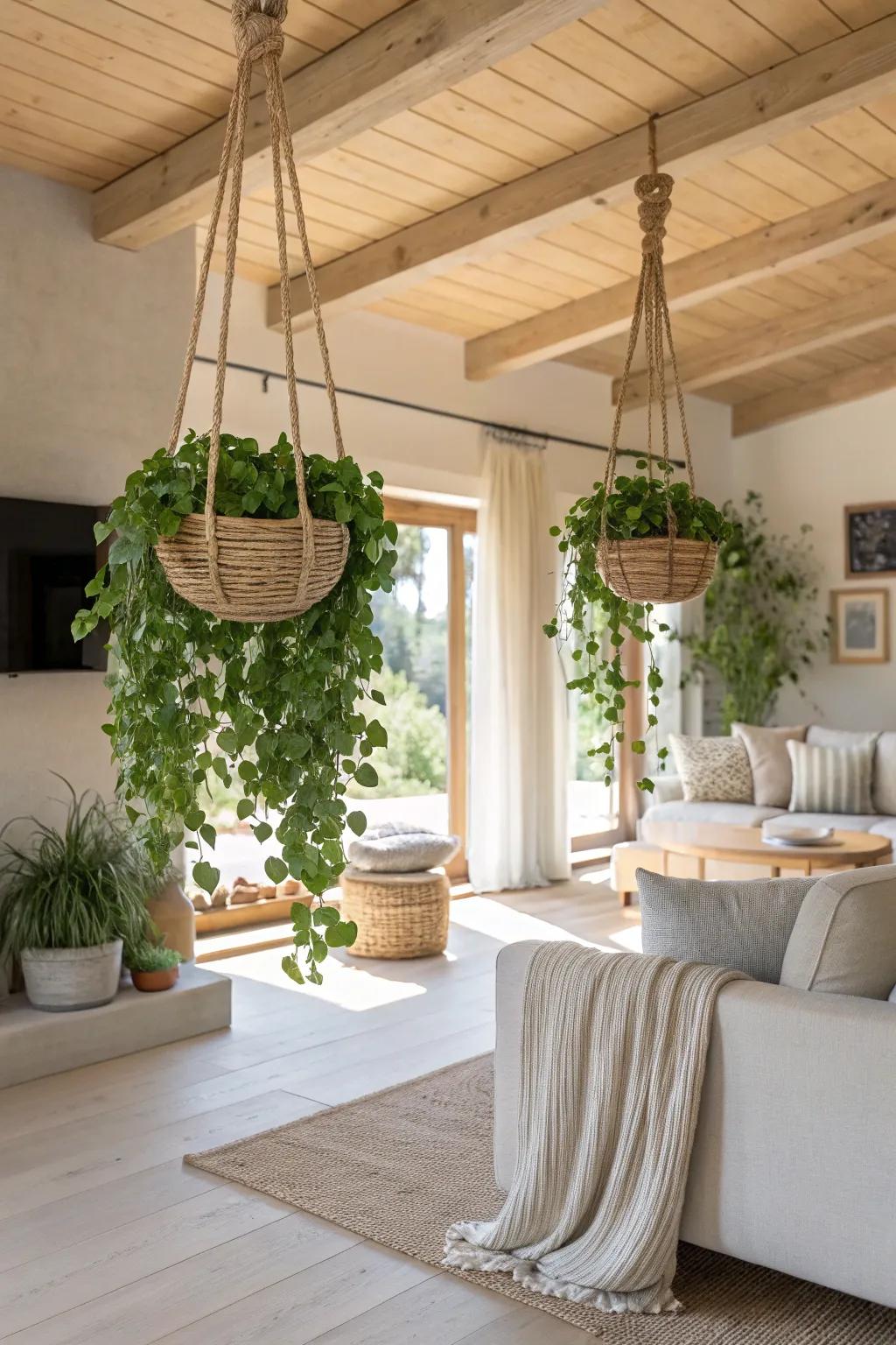 Elevate your decor with hanging baskets of cascading vinca. 🌿 #IndoorGarden #PlantDecor