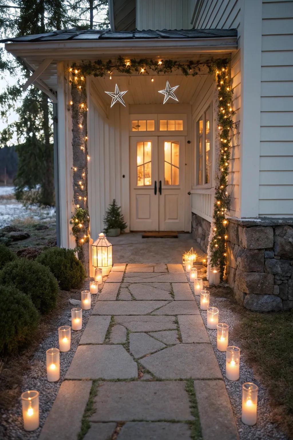 Create a magical journey to your front door with enchanting pathway lights that sparkle with festive spirit.