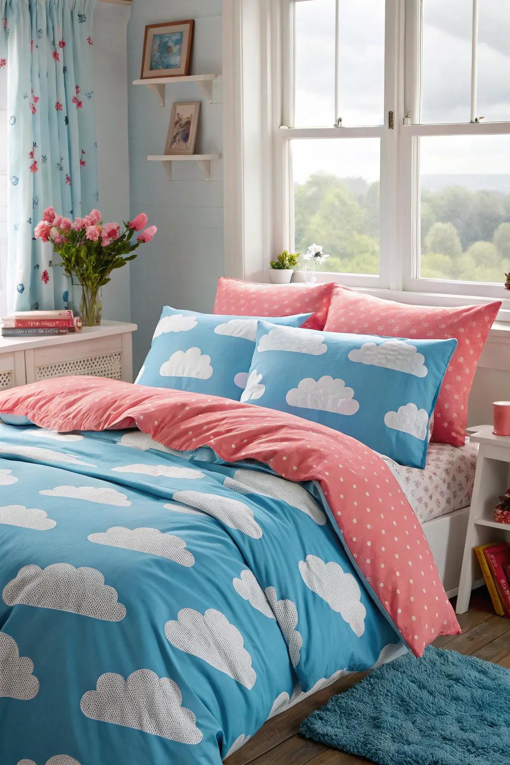 Snuggle up in a cloud with cozy, themed bedding that promises sweet dreams.