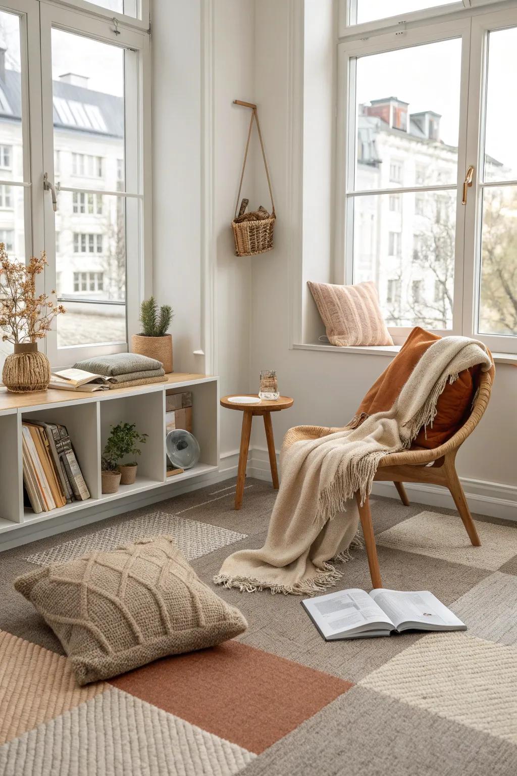 Carpet tiles add warmth and are easy to replace, making them perfect for busy offices.