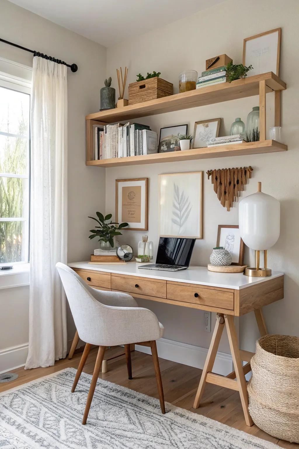 Elevate your workspace with floating shelves that blend functionality and style.