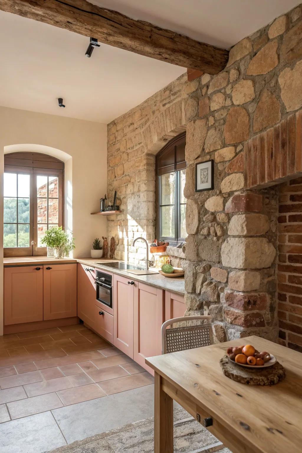 Bring rustic charm and earthy texture into your kitchen with stone and brick accents that ground the space beautifully.
