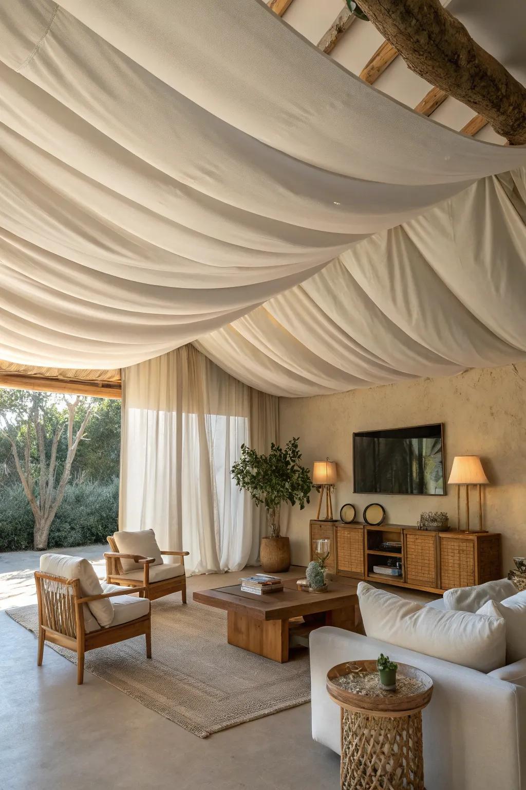 Give your living room a textured makeover with ceiling fabric that adds warmth and charm.