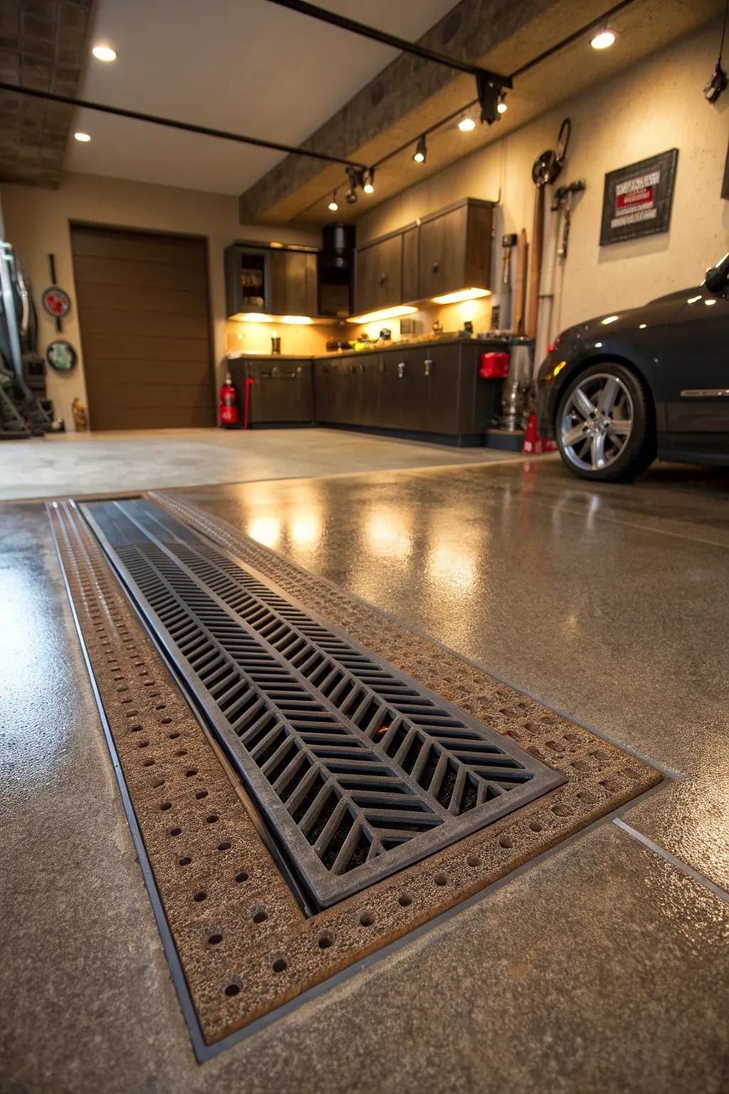 Stylish grated covers keep your garage drain efficient and clutter-free.