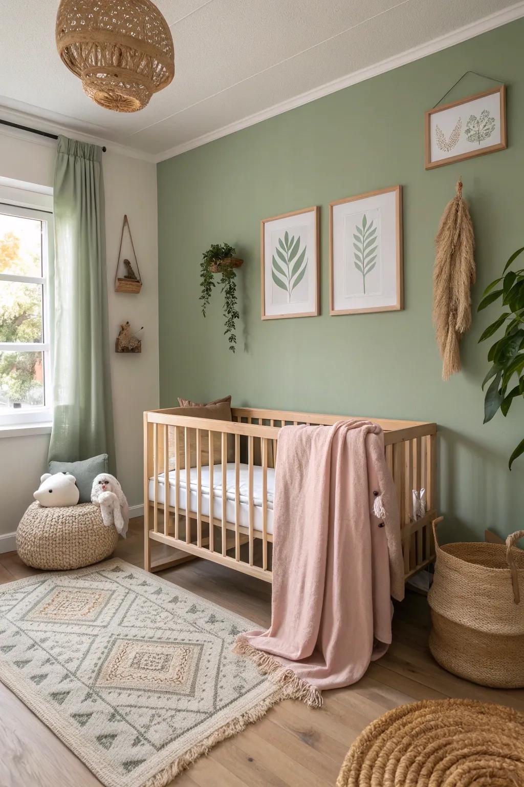 Sage green accent walls set the stage for a calming nursery atmosphere.