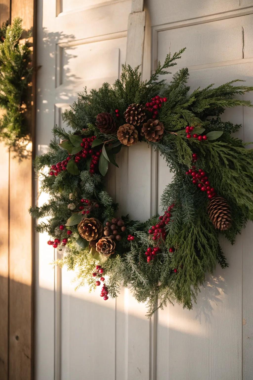 Bring a touch of the forest to your door with this berry and pinecone wreath.