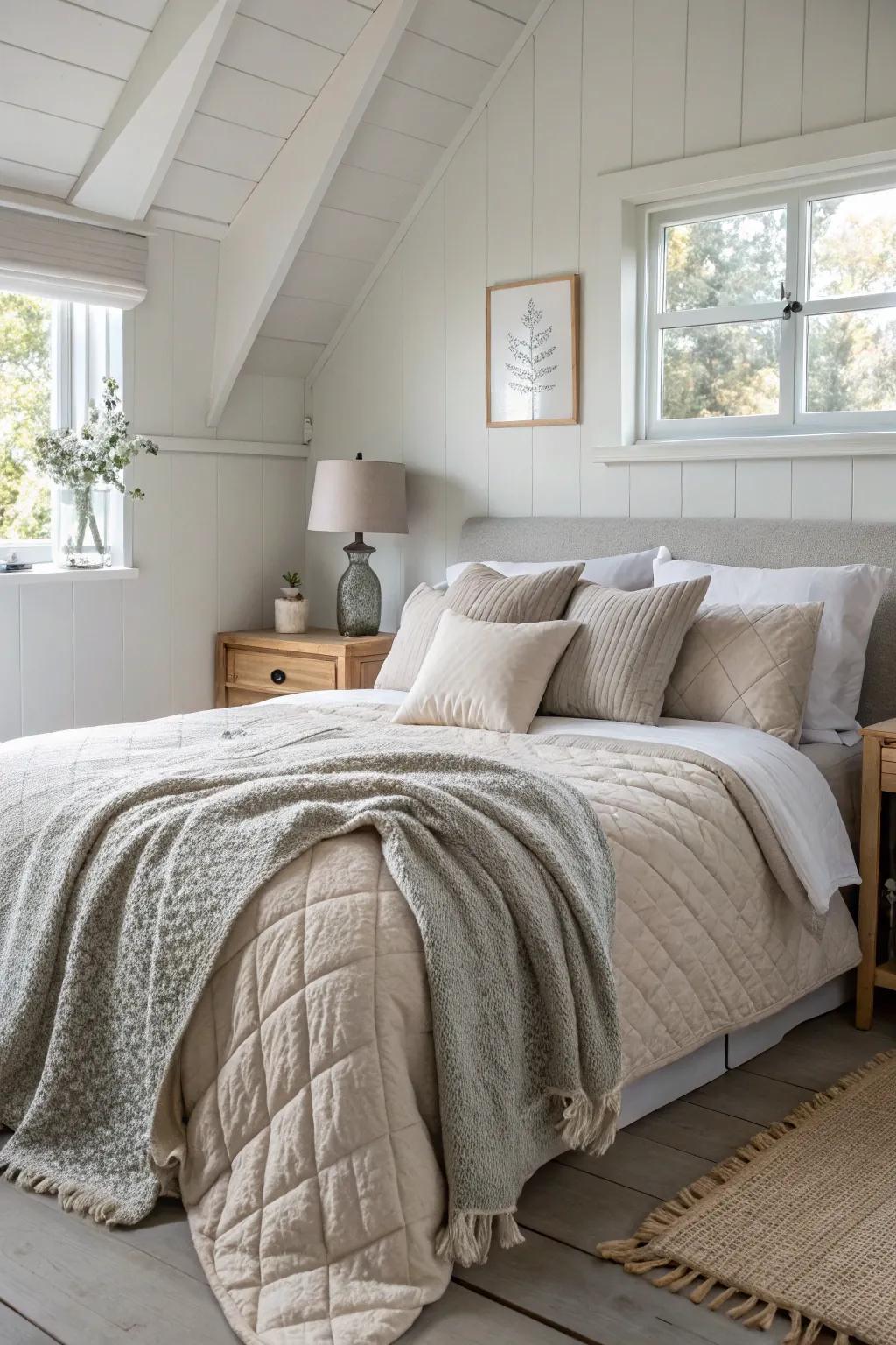 Dive into comfort with plush, layered bedding that combines the softness of grey and cream textures.