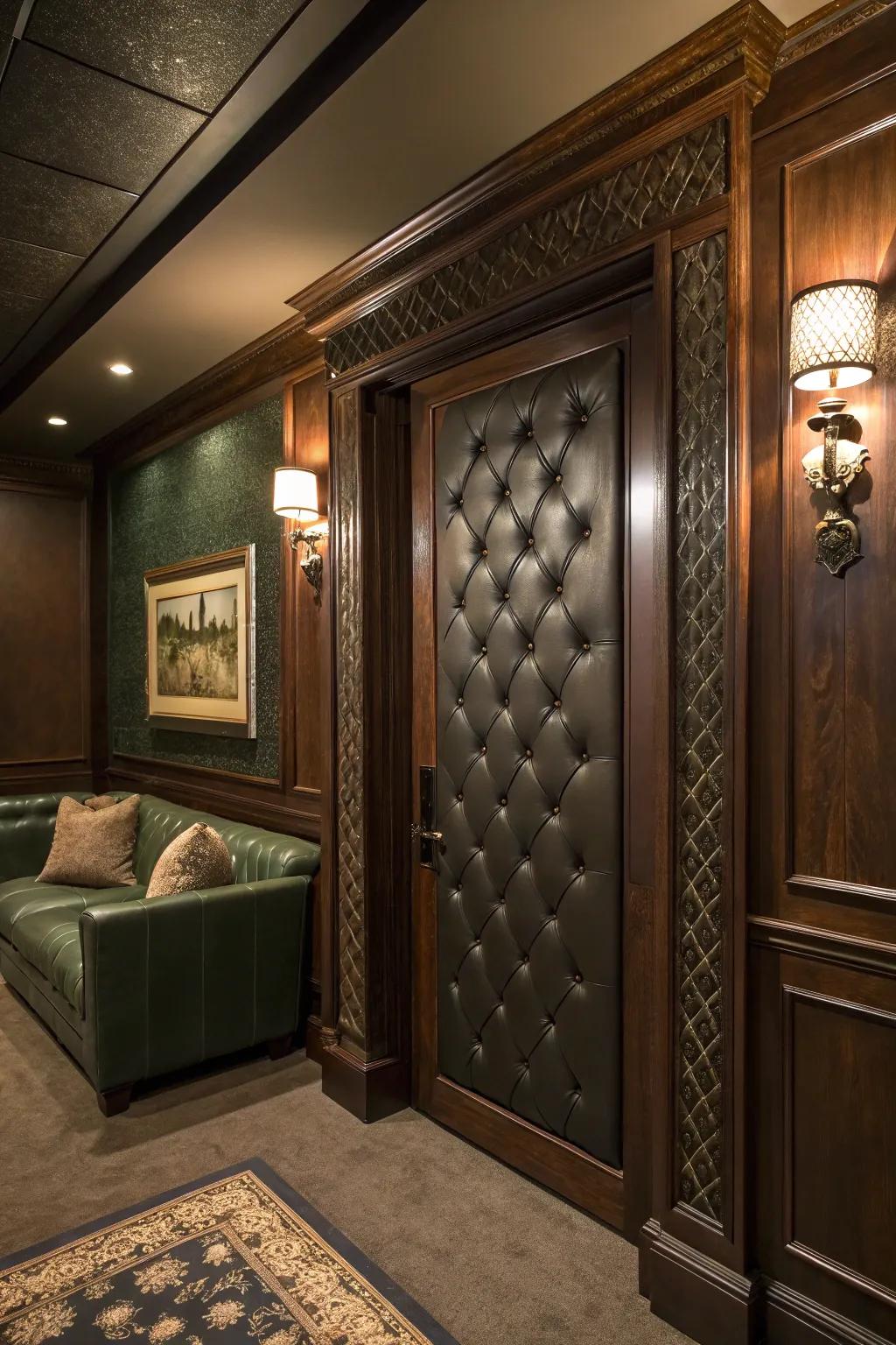 Indulge in a plush cinema experience with a tufted door that promises elegance and comfort.