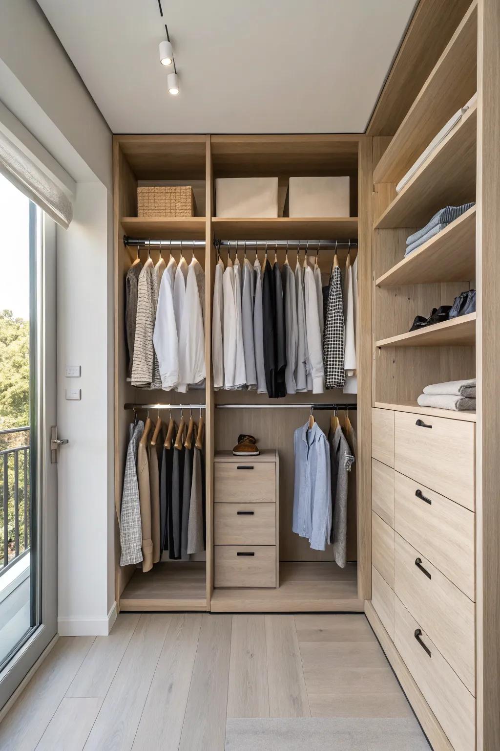 Double rods transform your closet, optimizing space to accommodate more clothes without clutter.