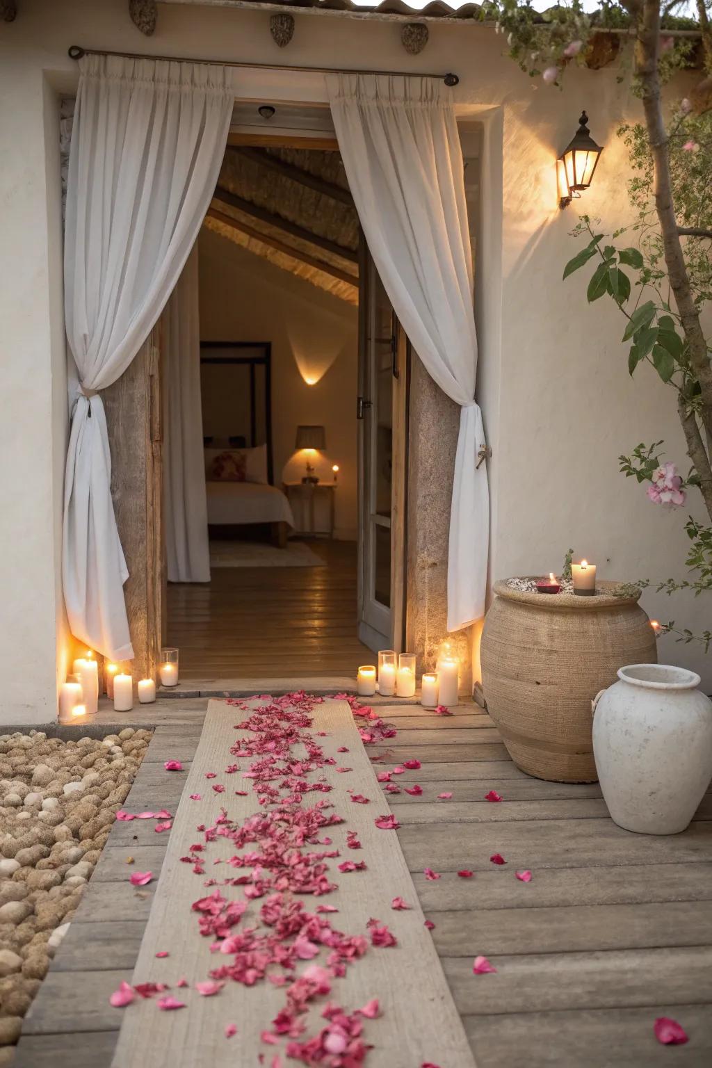 A trail of rose petals sets the mood for romance and mystery.
