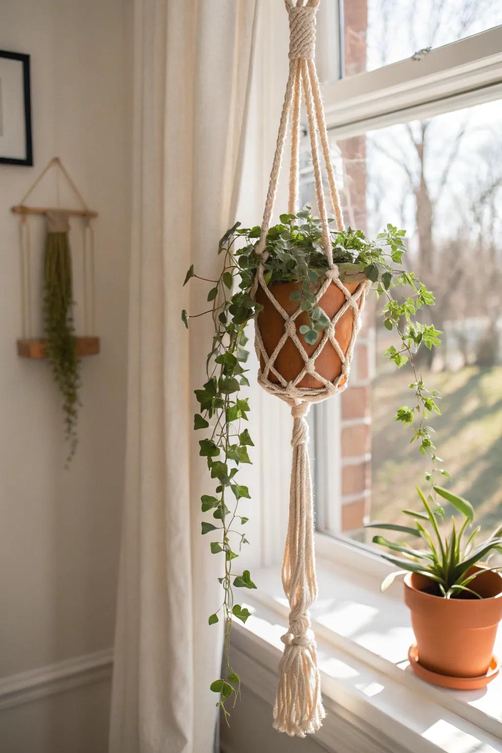 Elevate your decor with macramé hangers that showcase your plants in style.