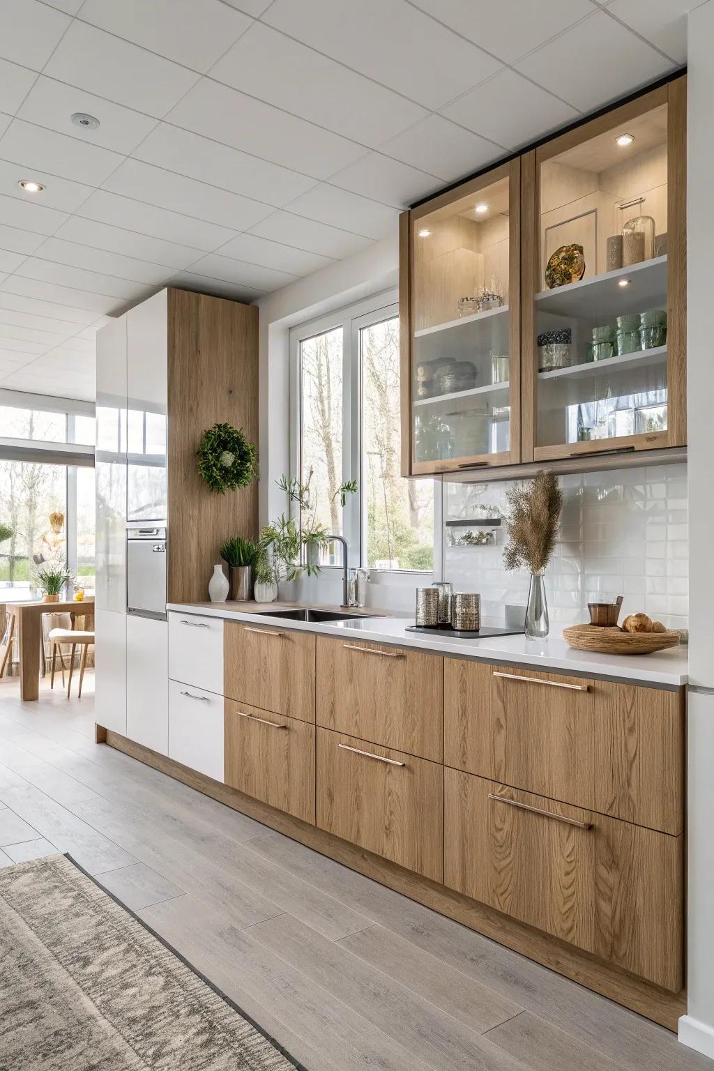 Discover the beauty of mixed finishes with matte wood and glossy lacquer cabinetry.