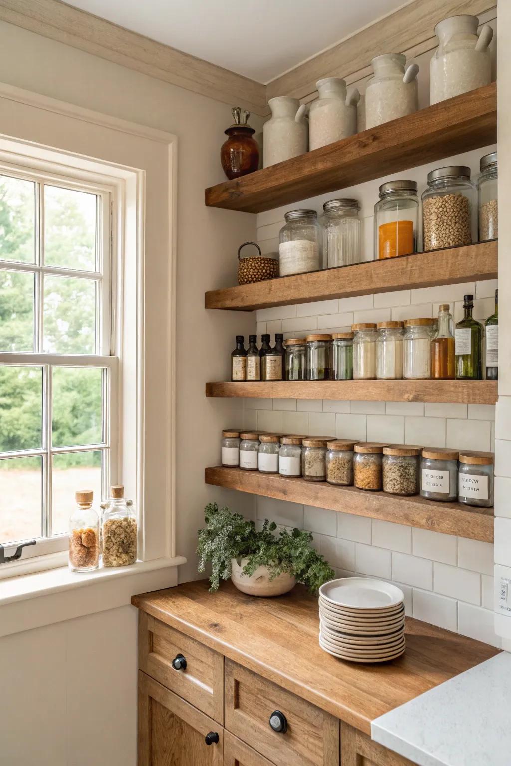 Embrace the open shelf trend to keep your kitchen essentials at your fingertips.