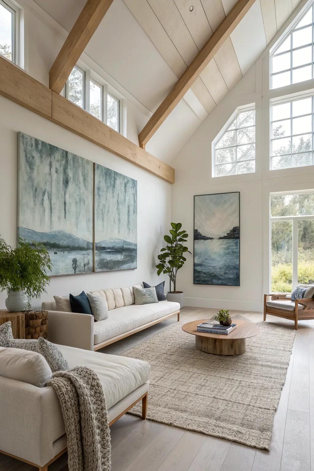 Make a bold statement with oversized art that complements your living room's style.