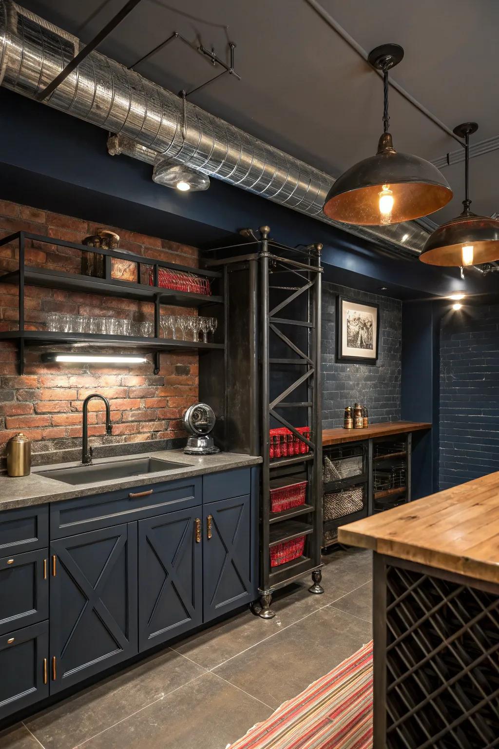 Achieve a bold, industrial look with metallic accents and striking light fixtures.
