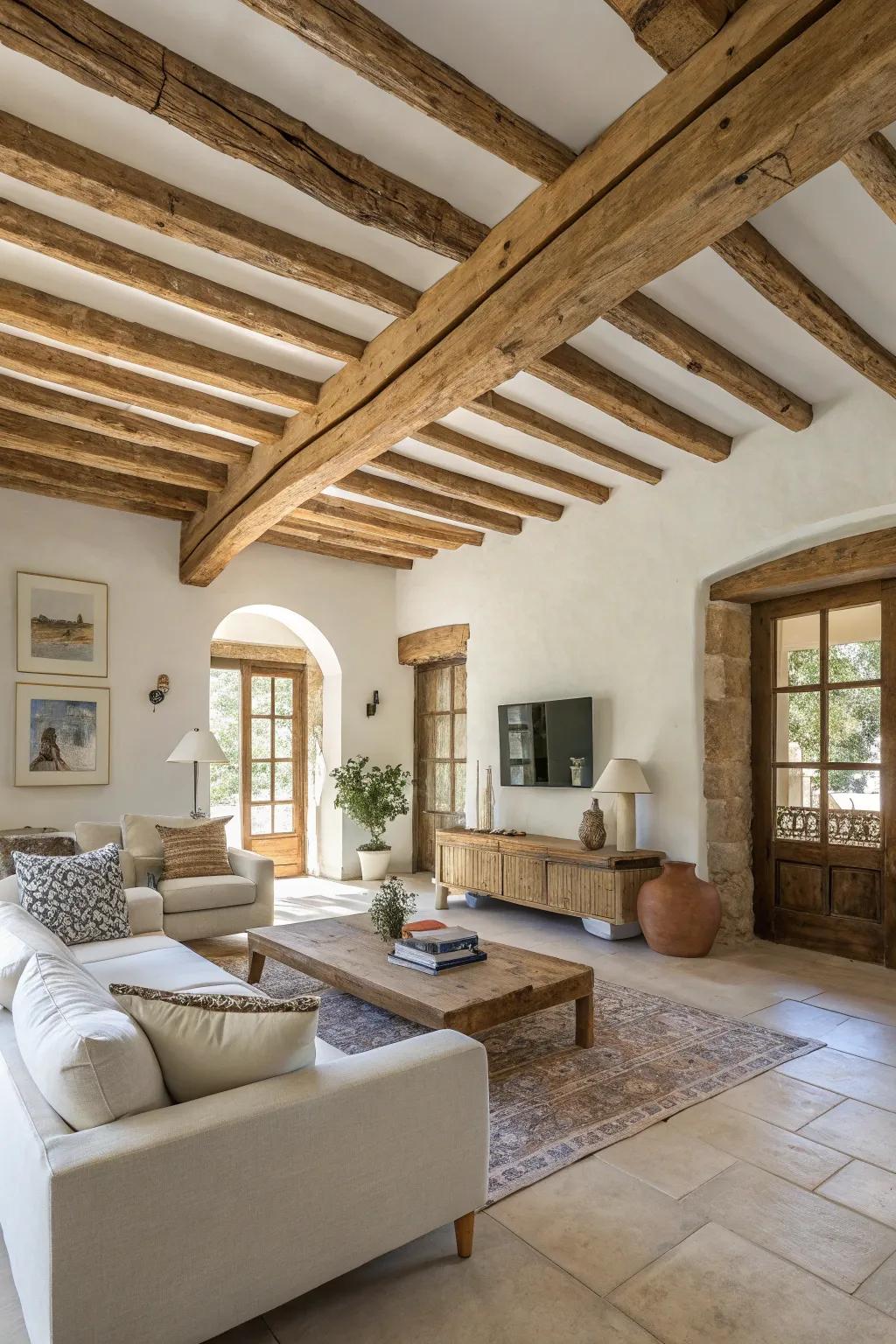 Wooden beams add warmth and rustic elegance to this Mediterranean-inspired living room.