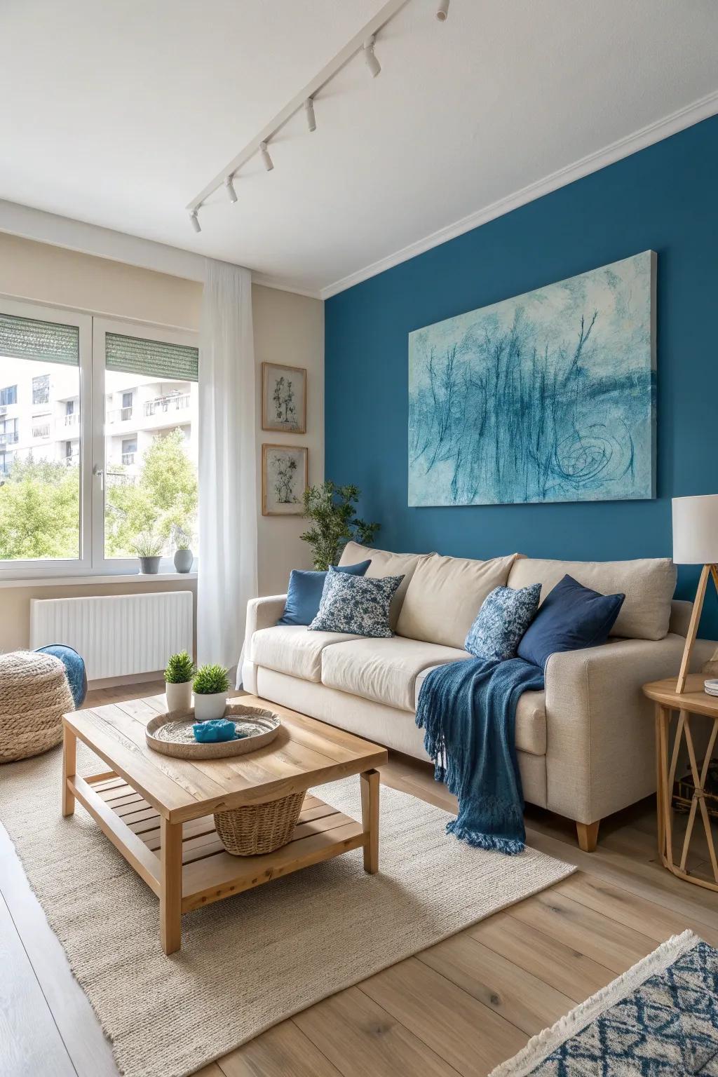Blue accents add a pop of color and personality to your beige living room.