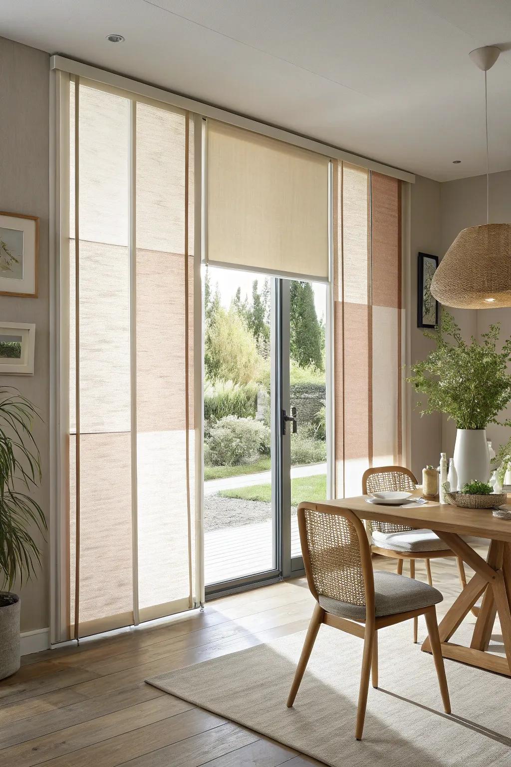 Panel track blinds bring modern elegance to any space, ideal for wide glass expanses.