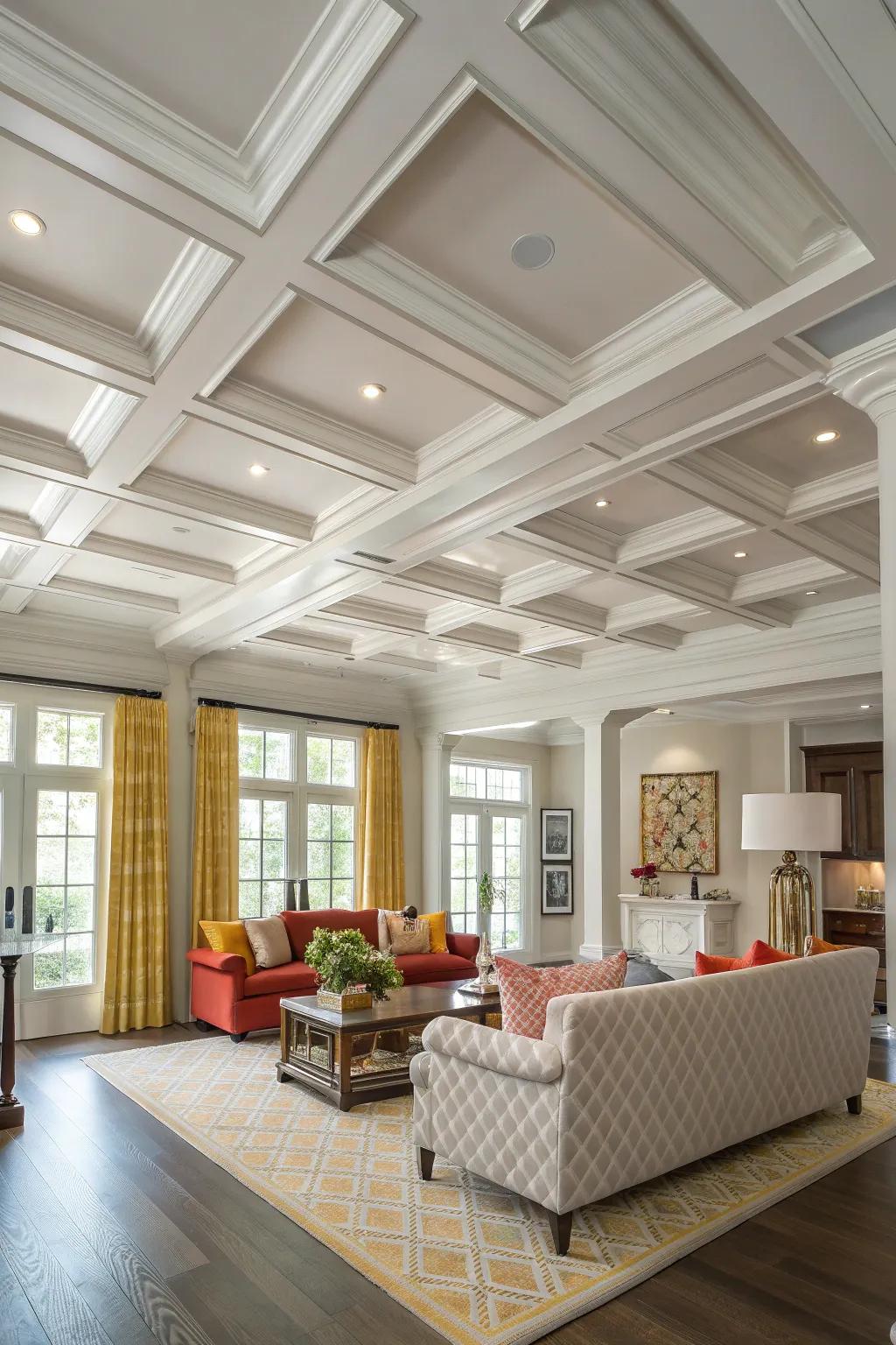 Achieve a serene and cohesive look with a neutral-toned coffered ceiling that complements any decor.