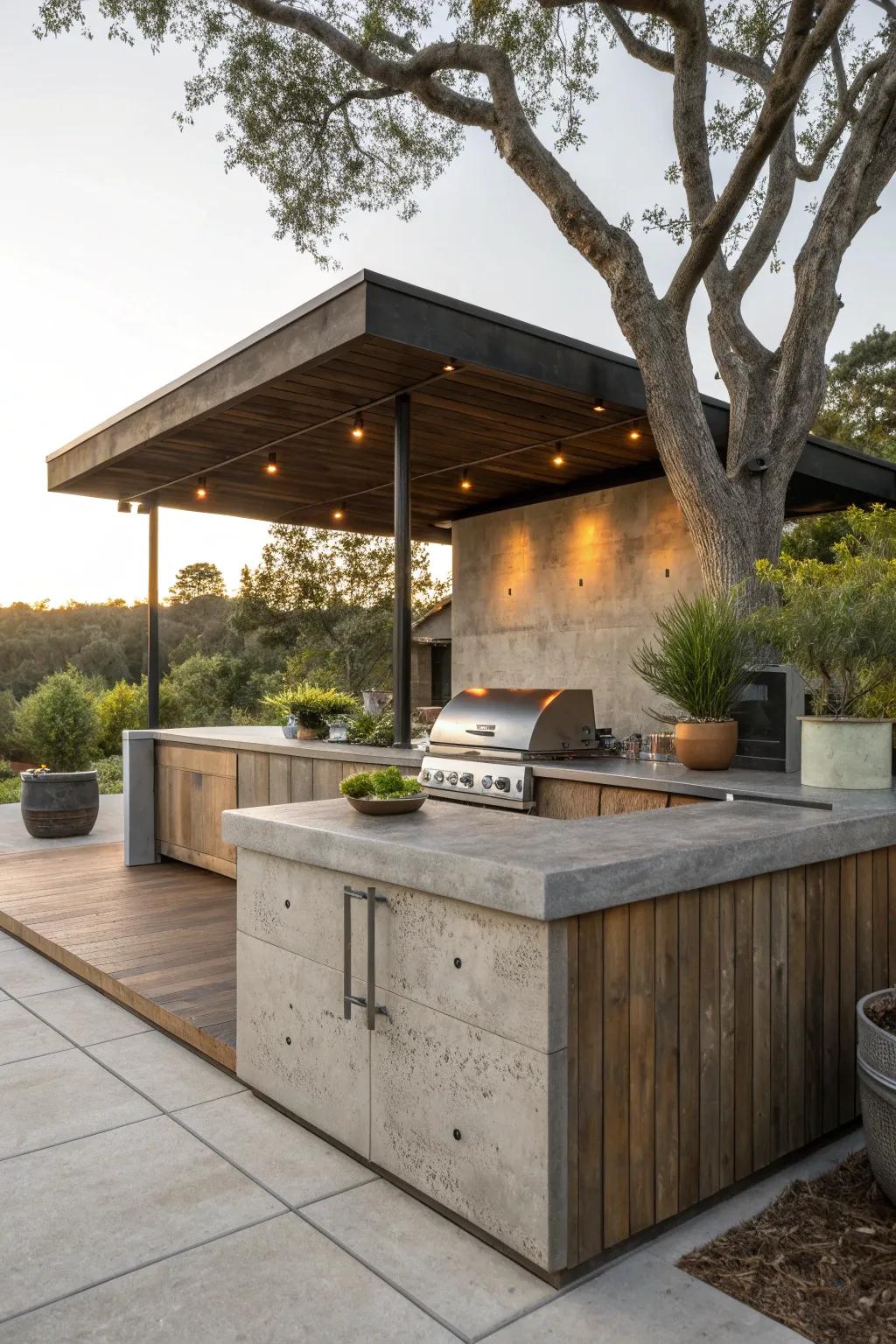 Make a bold statement with a concrete island that serves as the heart of your outdoor kitchen.