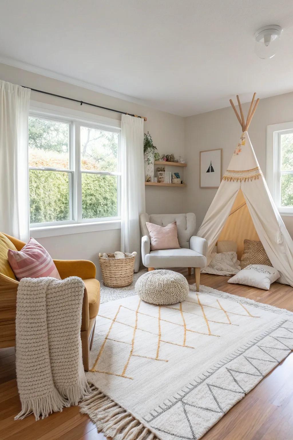 Soft hues with playful accents create a welcoming environment for all ages.