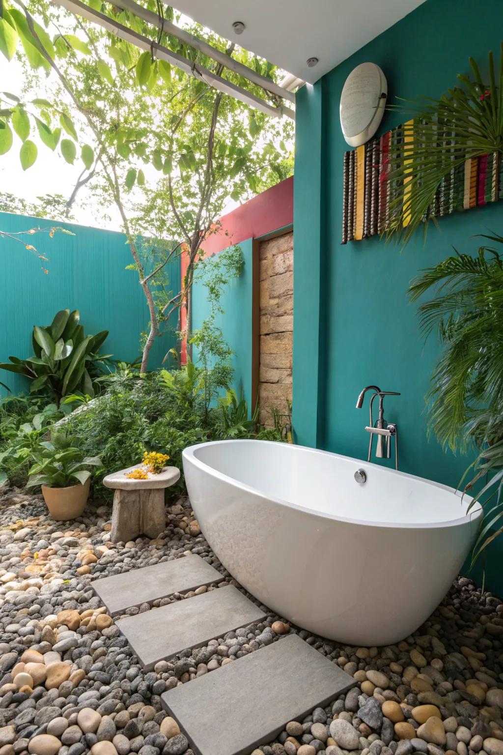 Elevate your bathing experience with a freestanding tub nestled on a bed of pebbles.