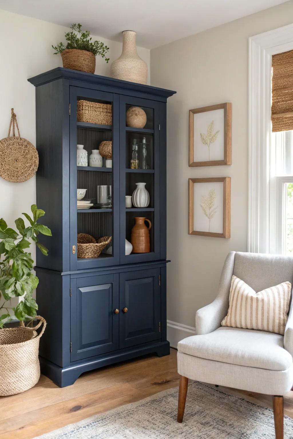 Make a statement with a bold navy corner hutch that exudes sophistication.