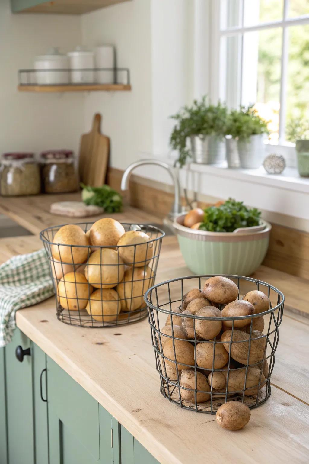 Keep your kitchen fresh and modern with breathable wire basket storage.
