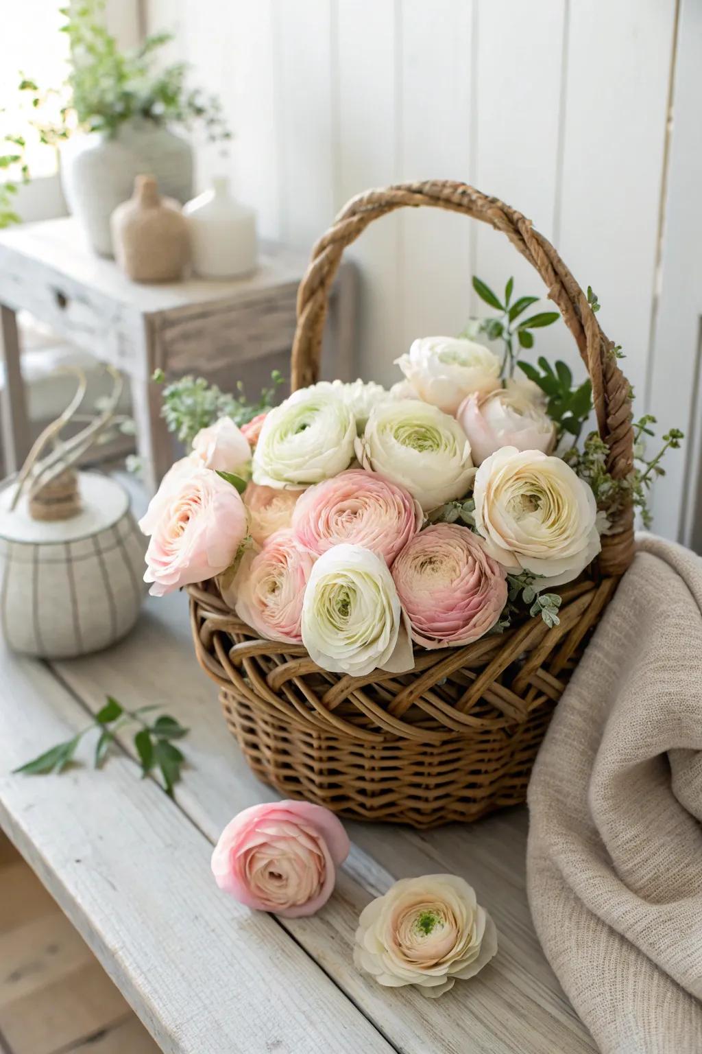 Embrace rustic charm with a basket full of vibrant ranunculus blooms.