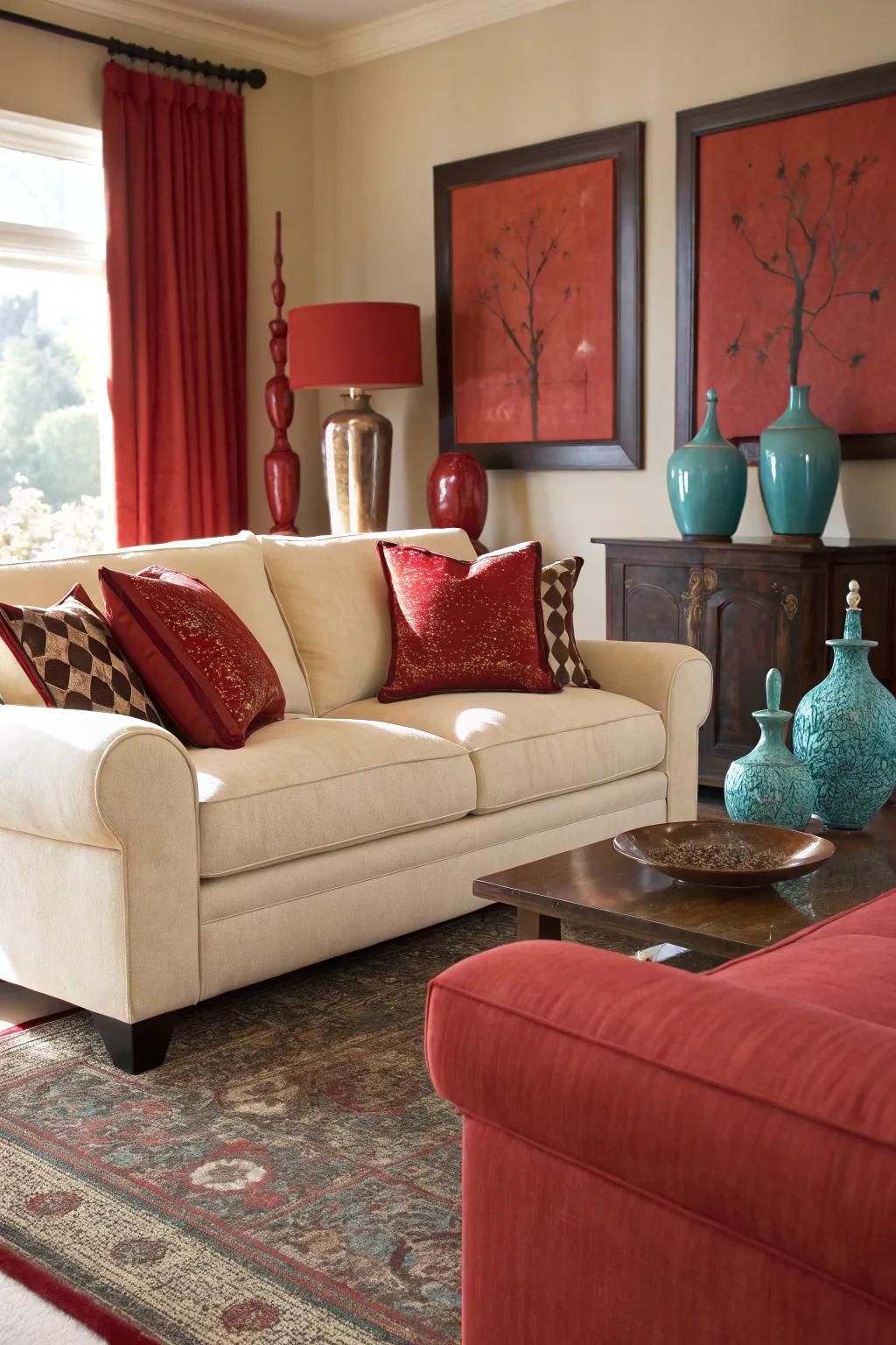Elevate your seating area with cream sofas and vibrant red cushions for a touch of elegance.