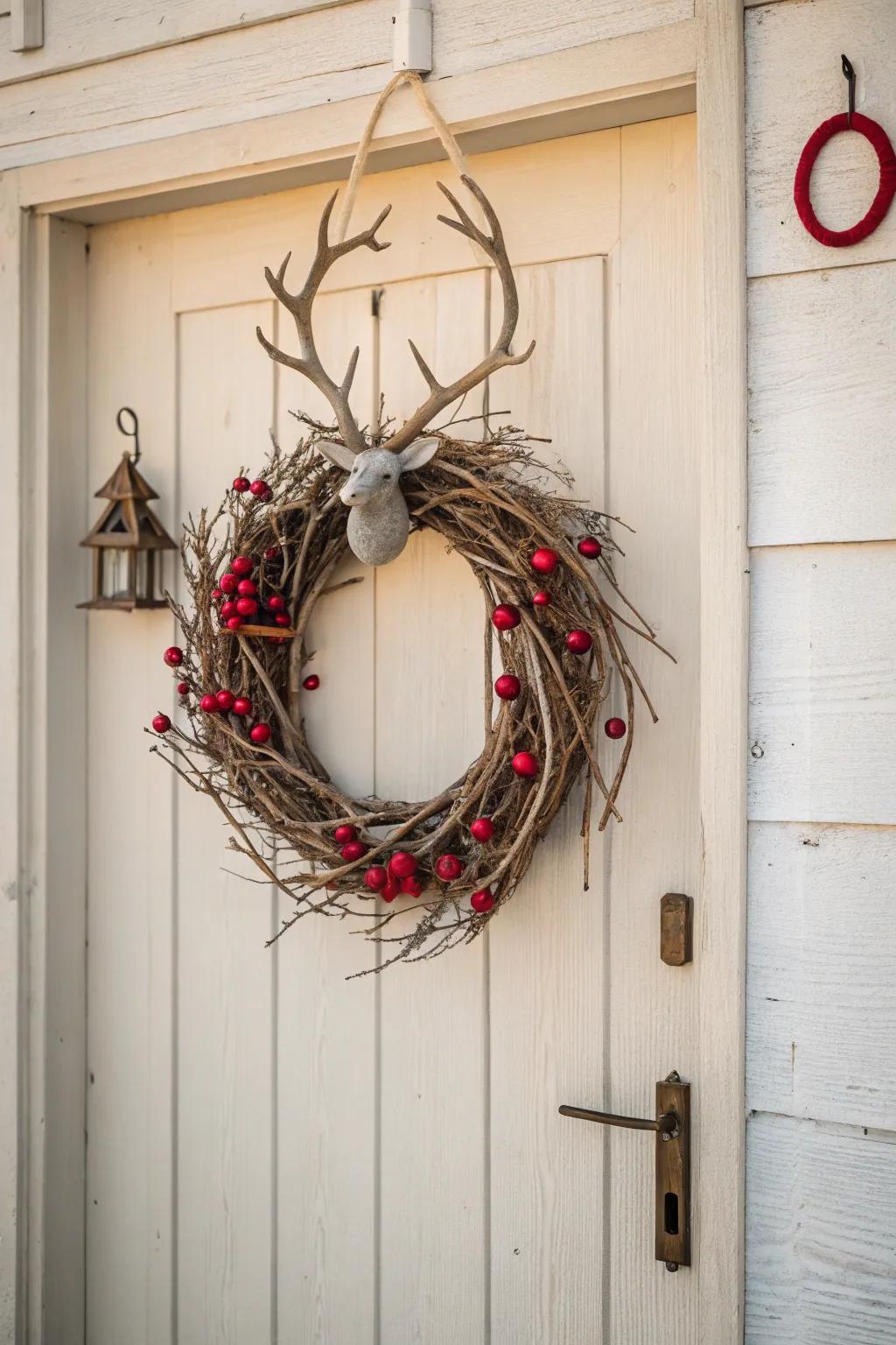 A reindeer wreath brings a natural and festive touch to your entrance.