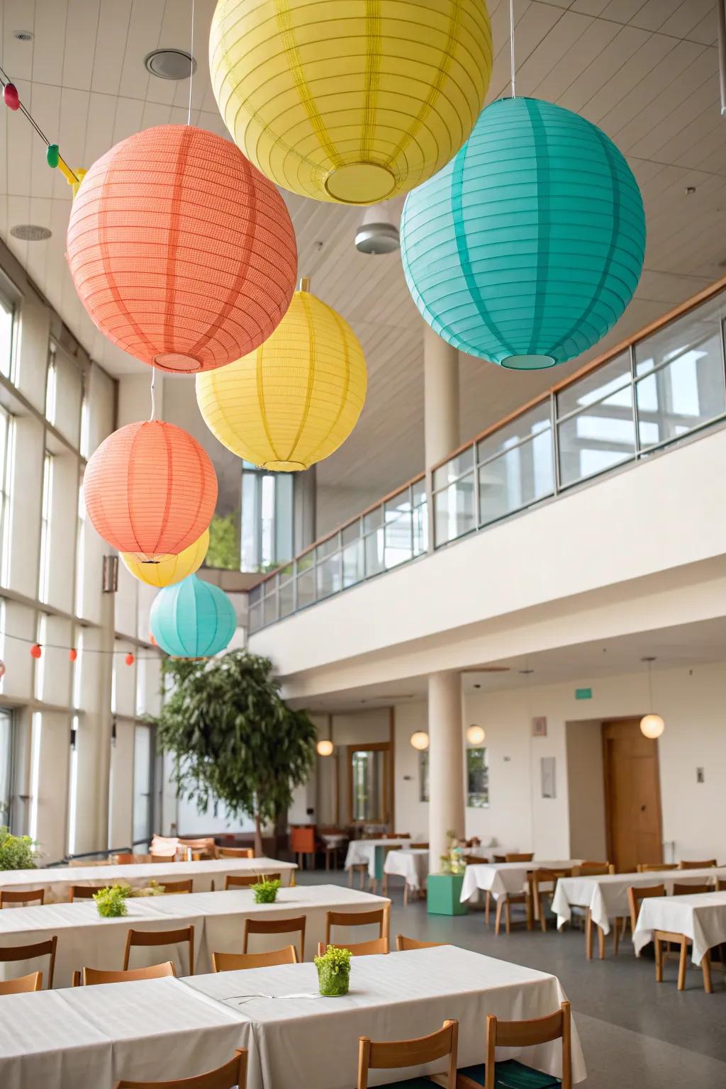 Light up your cafeteria with colorful paper lanterns that dance with the breeze.