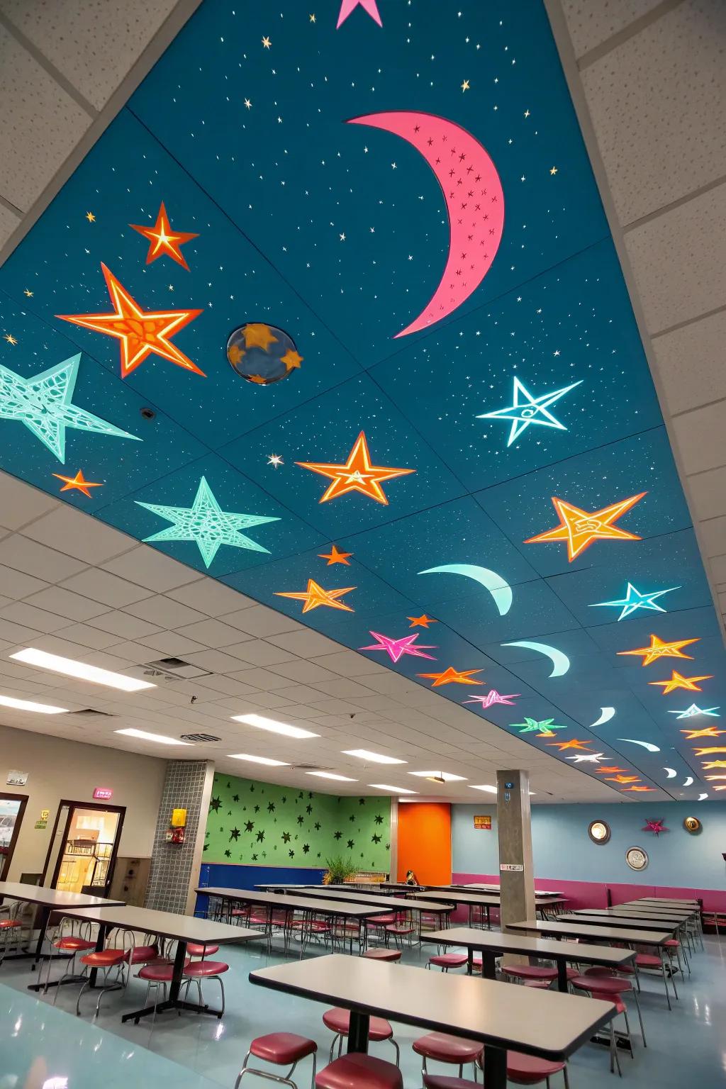Dine under the stars everyday with a celestial-themed cafeteria ceiling.