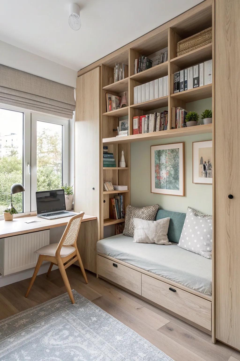 Combine work and literary escape with a Murphy bed that integrates a bookshelf overhead.