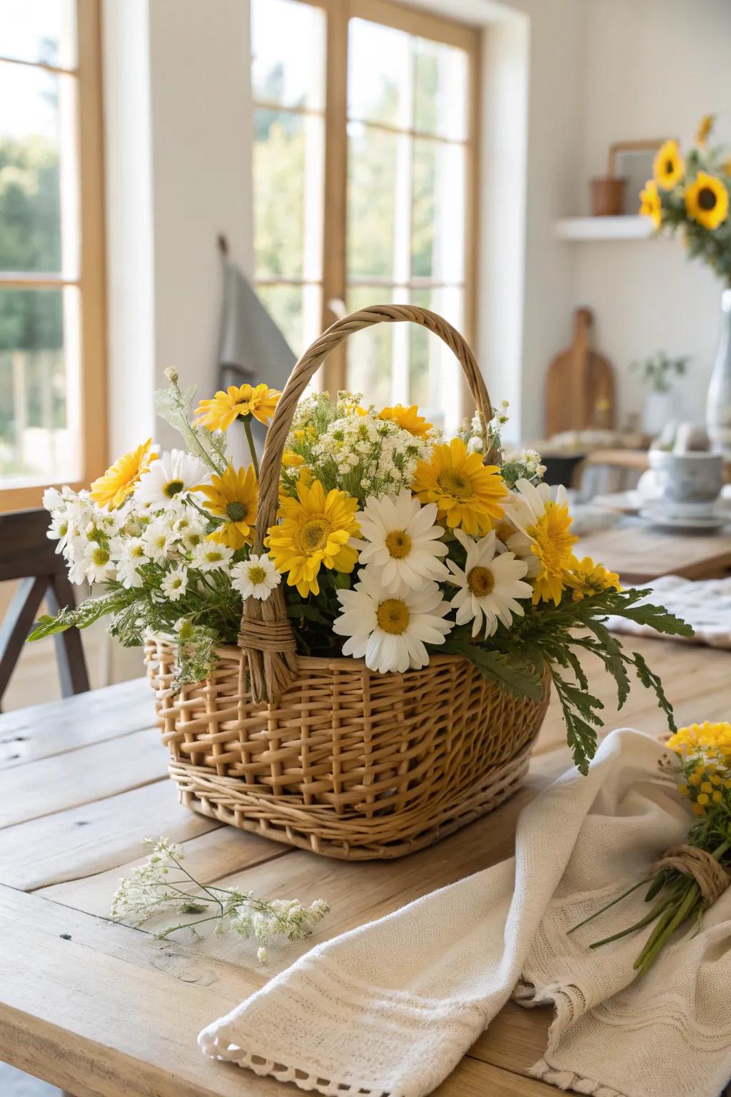 Add rustic charm and whimsy to your space with a basket full of vibrant blooms.