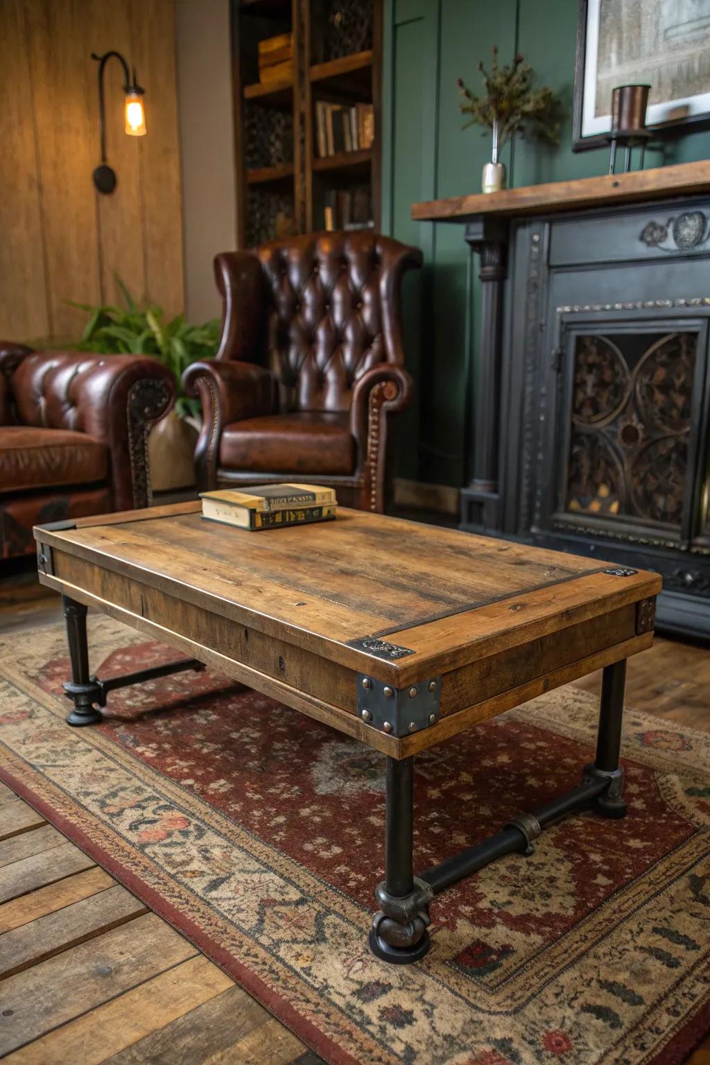 Infuse character into your space with a reclaimed wood coffee table, perfect for steampunk aesthetics.