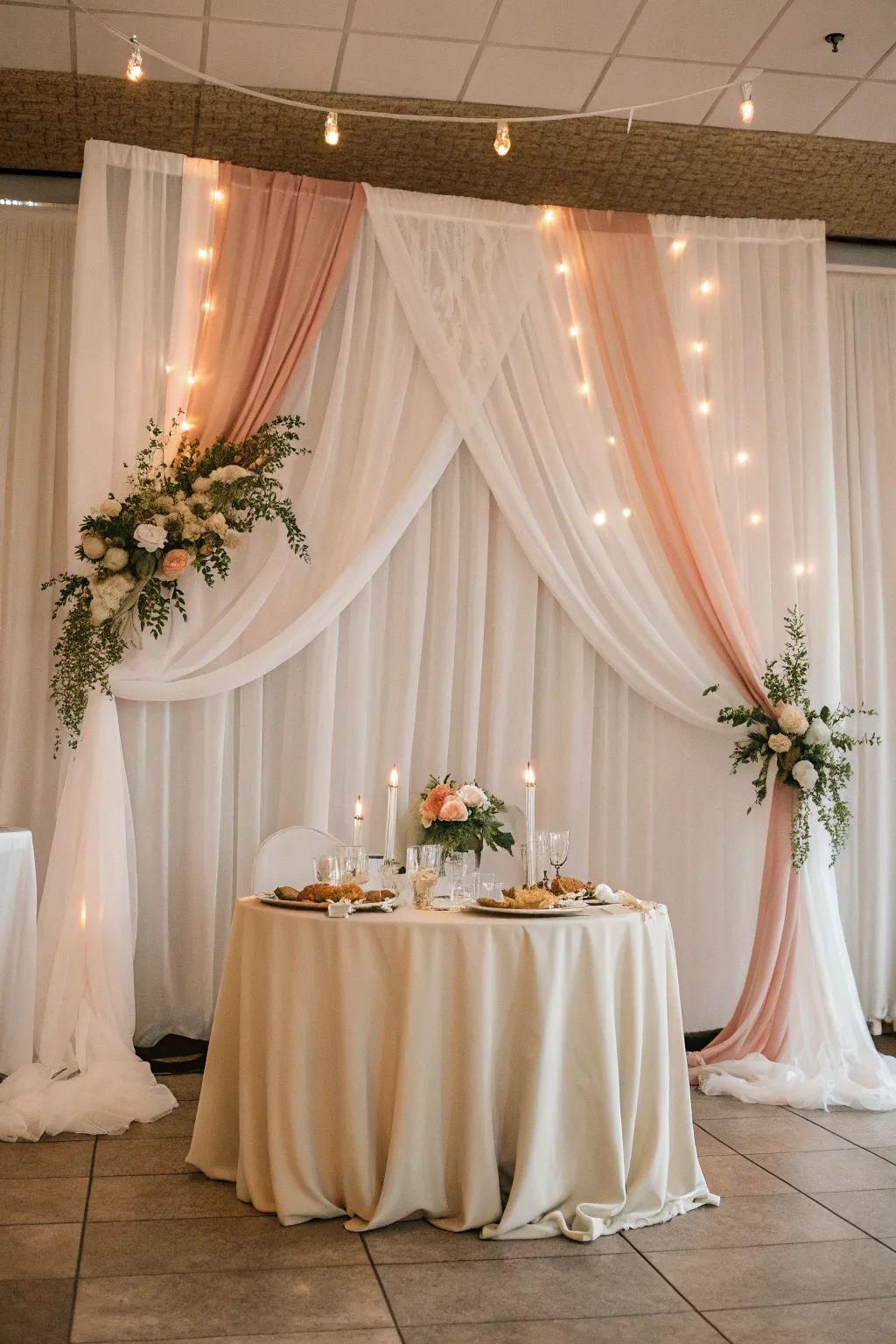 Sheer drapes bring an air of elegance and softness to your sweetheart table backdrop.