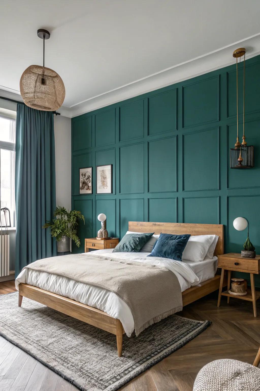 Make a statement with a bold accent wall in rich blues or greens to elevate your space. 🎨 #AccentWall #BedroomDesign #BoldColors
