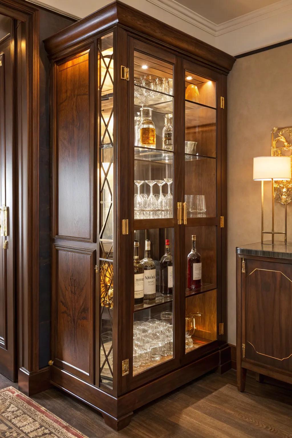 Create a sophisticated focal point with an elegant glass-door cabinet for your whiskey collection.