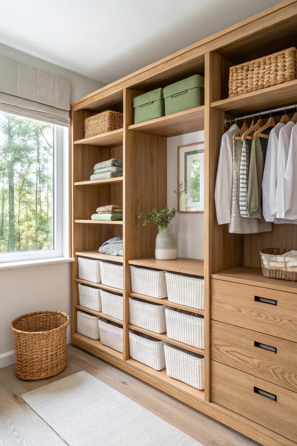 Achieve harmony with a mix of open and closed storage solutions for a clutter-free closet.