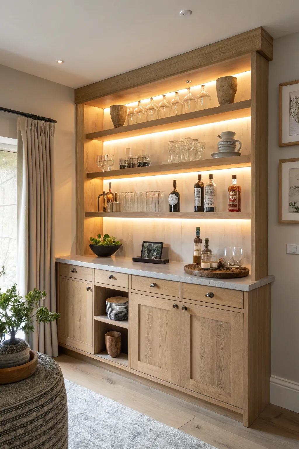 Create depth and drama with stunning backlit display shelves. #HomeBar #LightingMagic