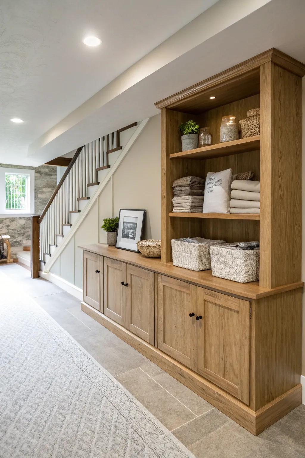 Combine style and practicality with integrated storage that keeps your basement organized and chic. 📦