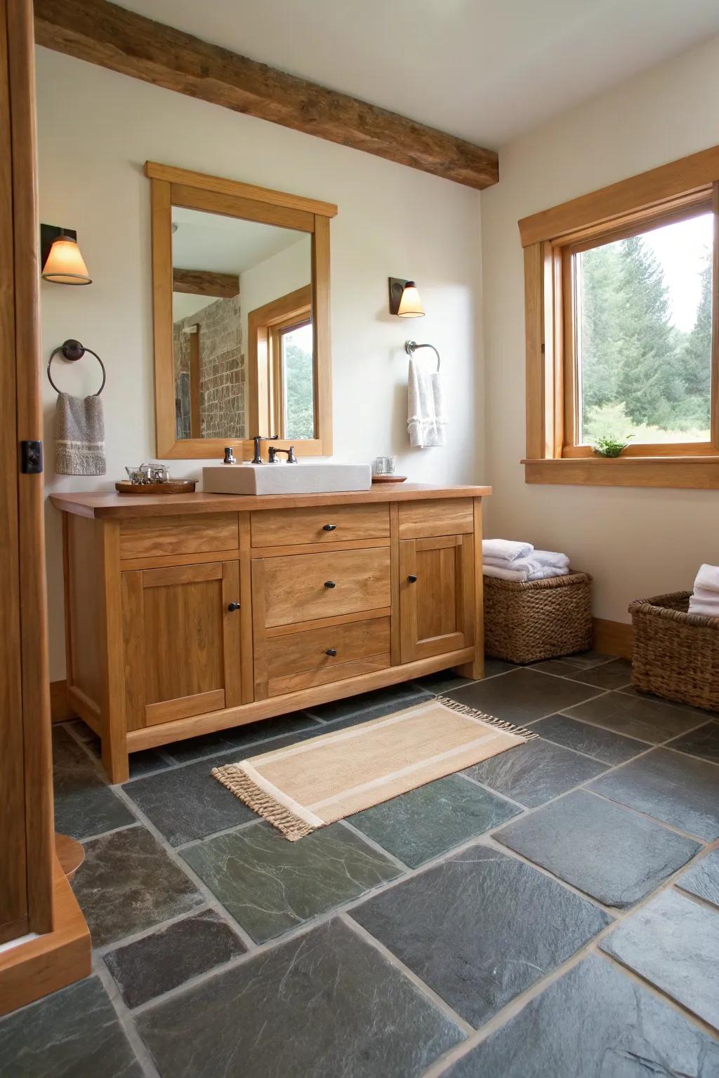 Combine slate floors with natural wood accents for a warm, inviting bathroom space. 🌿 #BathroomInspiration #HomeDecor #NaturalElegance