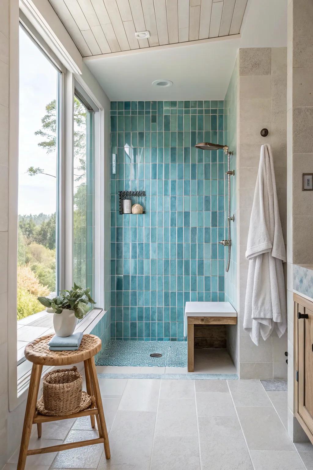 Create a sleek and modern shower with vertically stacked blue tiles. #MinimalistDesign #ModernShower